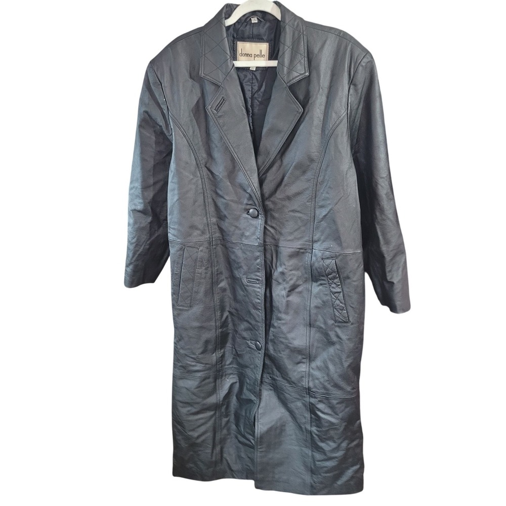 Vintage Donna Pelle Black Leather Long Trench Coat XL Jacket Button Up 80s 90s